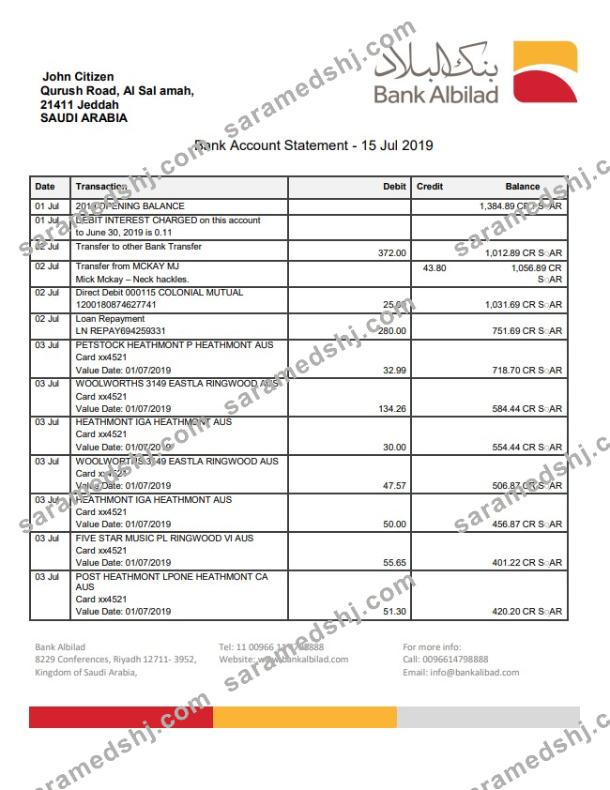 Saudi Arabia Bank Albilad bank statement template in Word and PDF format